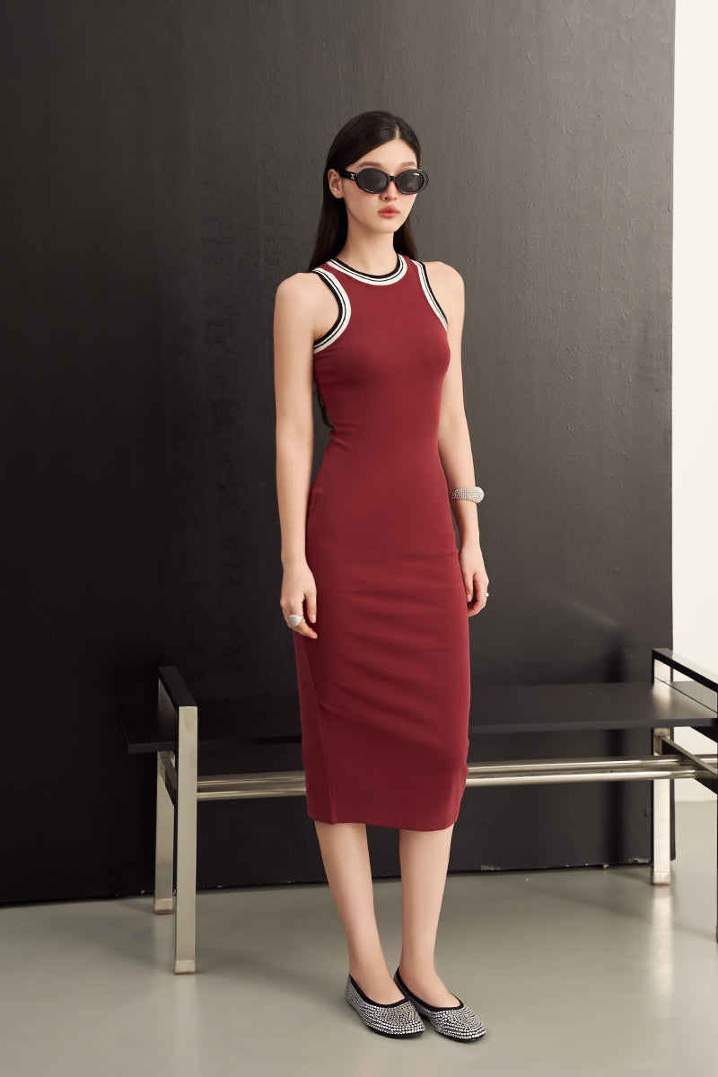 SLOW DOWN STRIPE DRESS (BURGUNDY)
