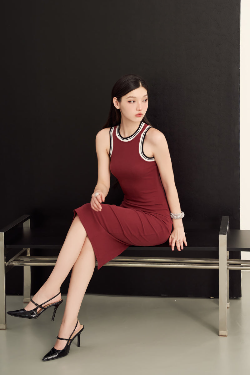 SLOW DOWN STRIPE DRESS (BURGUNDY)